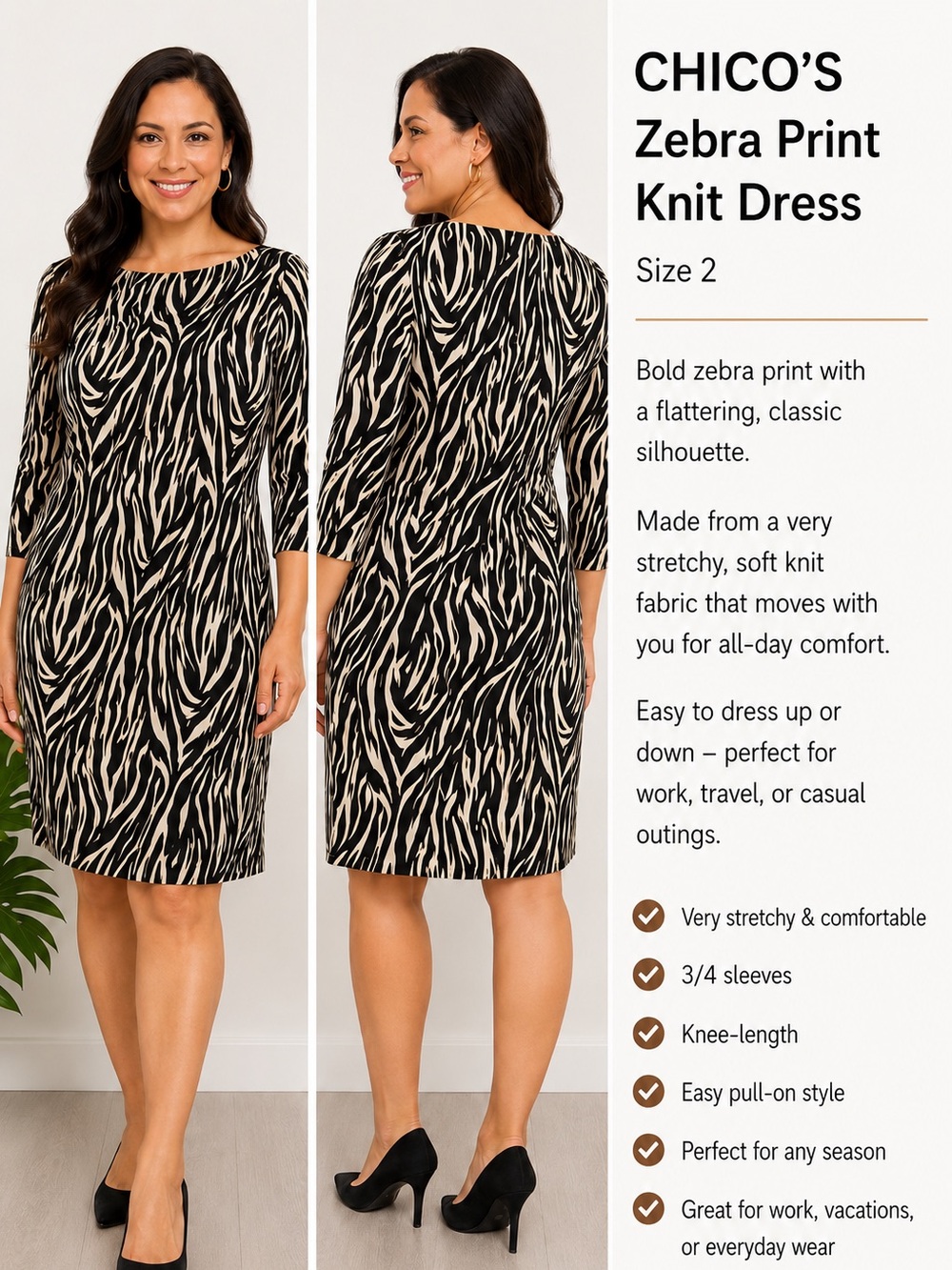 CHICOS Zebra Knit Print Dress Size 2